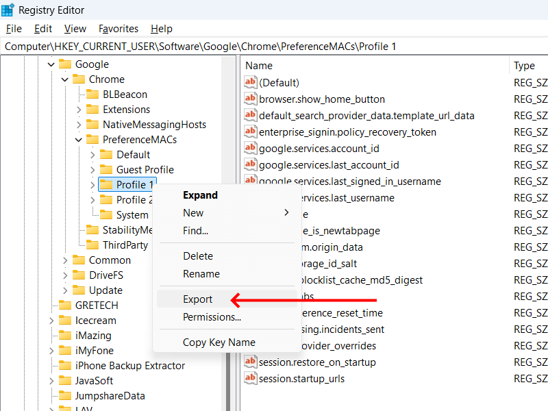 Export Chrome Profile Registry Key