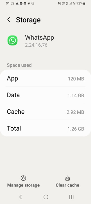 "Manage Storage" and "Clear Cache" options in WhatsApp.