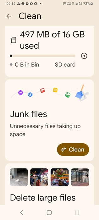 Clean option visible on "Files by Google" app.
