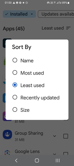 Sorting the installed apps on Google Play by "L:east Used" category.