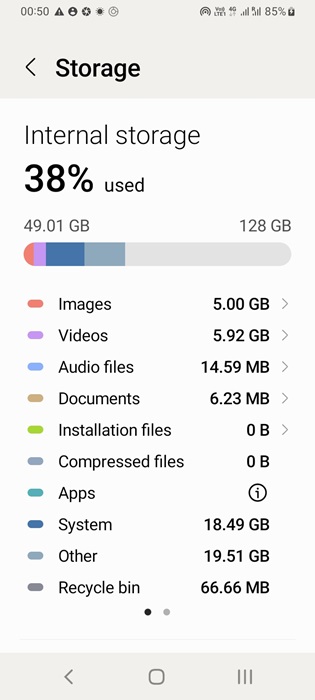 "Internal Storage" menu in an Android phone.