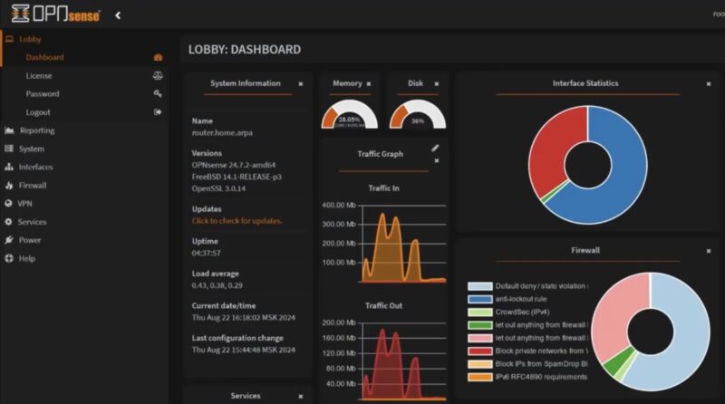 Viewing the OPNsense main dashboard.