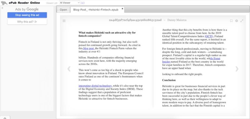 The Ofoct ePUB Reader With a Document Open