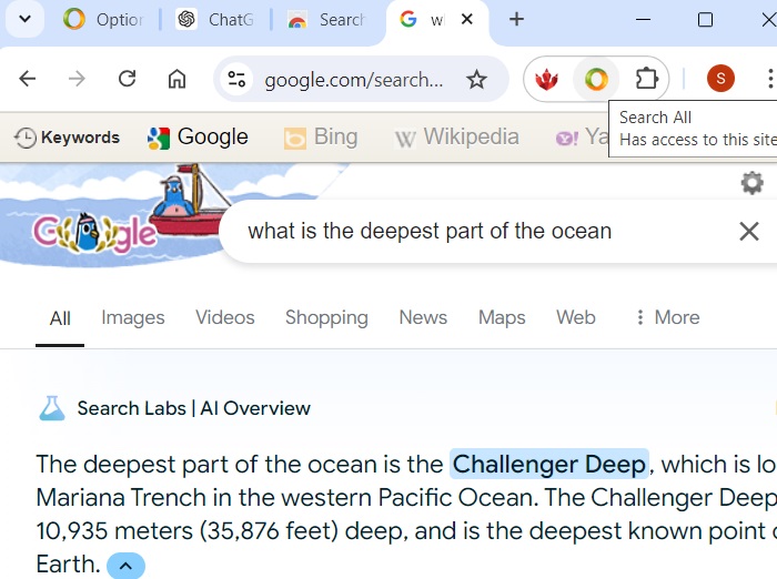 SearchAll, a Chrome search extension that pools results from multiple search engines and websites.