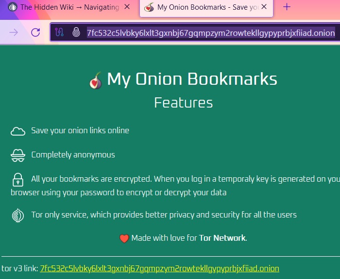 My Onion Bookmarks to save websites on Tor.