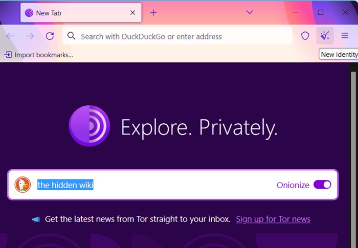 Onionize DuckDuckGo's search results in Tor browser. Click 'New Identity' to view the onionize option.