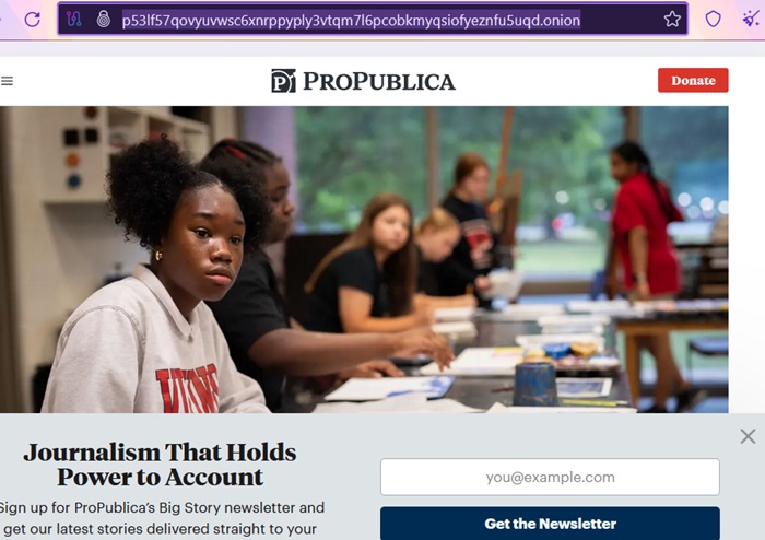 ProPublica Onion link open in Tor.