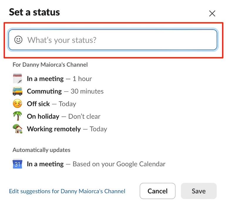 set a status in slack, whether that's custom or pre-designed