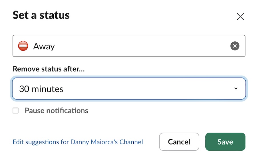 a status in slack showing that someone is away from their screen