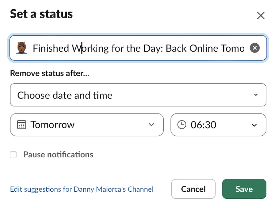 Setting a Slack status to show others that you're offline for the day