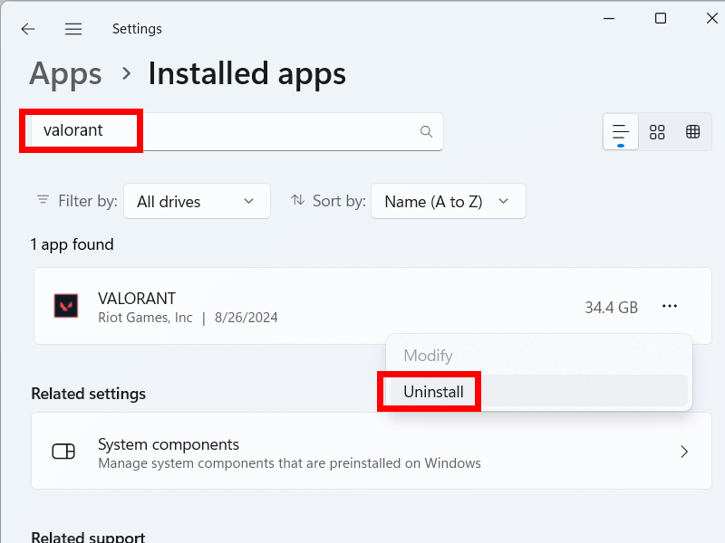 Uninstall Valorant From Settings