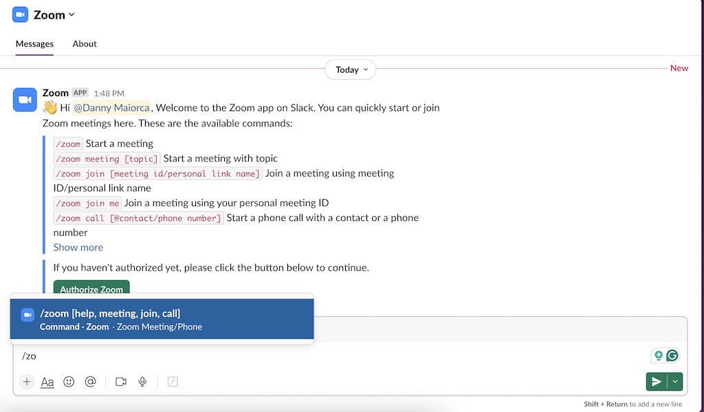 The Zoom app being integrated with Slack