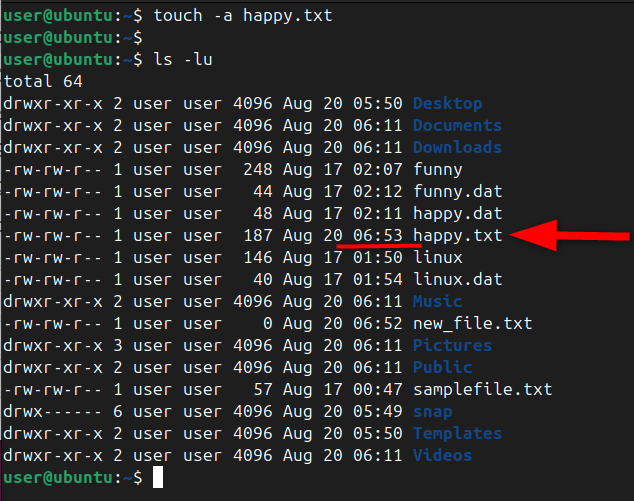 Viewing access time of the specified file in terminal window after modification.