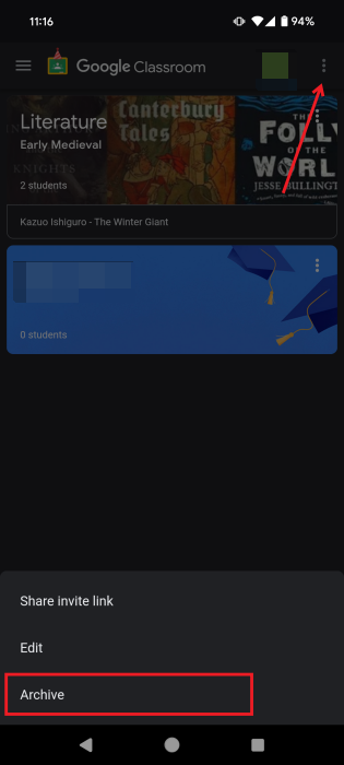 Selecting "Archive" option for classroom in Google Classroom app on Android.