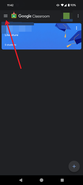 Tapping hamburger menu in Google Classroom app on Android.