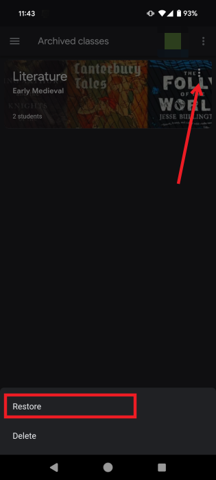 Selecting Restore option for classroom in Google Classroom app on Android.