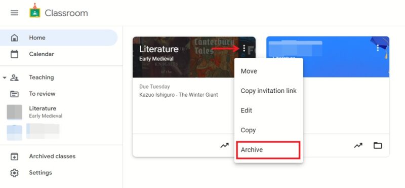 Selecting "Archive" option in Google Classroom on PC.