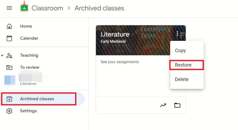 Pressing Restore option for classroom in Google Classroom on PC.