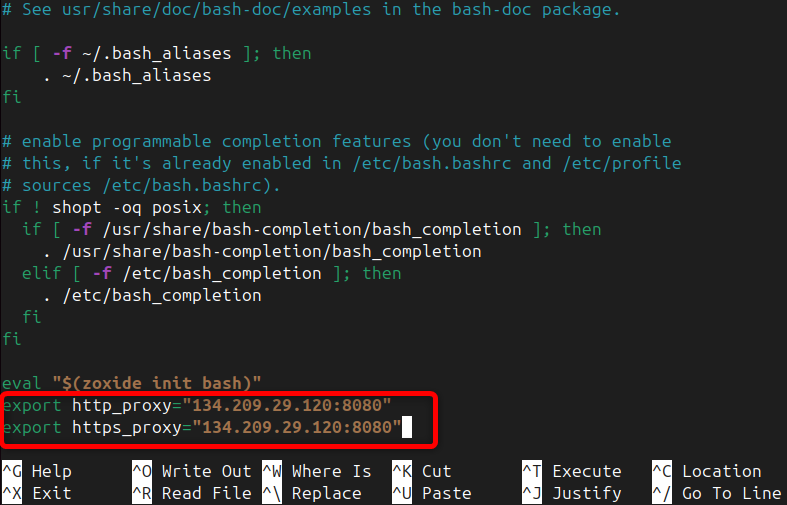 Specifying permanent proxy configuration by editing bashrc file.