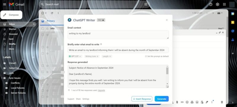 Writing email with ChatGPT Writer extension activated.