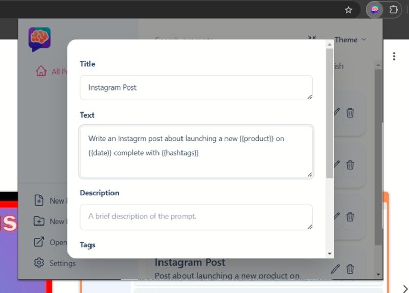 Creating prompts in ChatGPT Prompt Genius extension. 