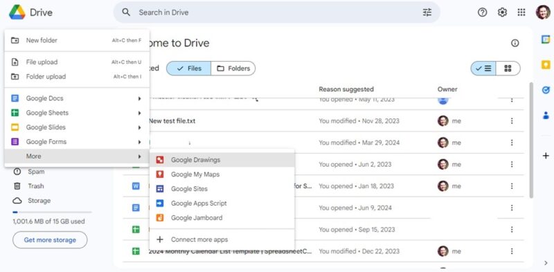 Exploring Google Workspace's Drive and file creation options.