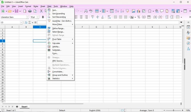 Creating a new spreadsheet in LibreOffice Calc.