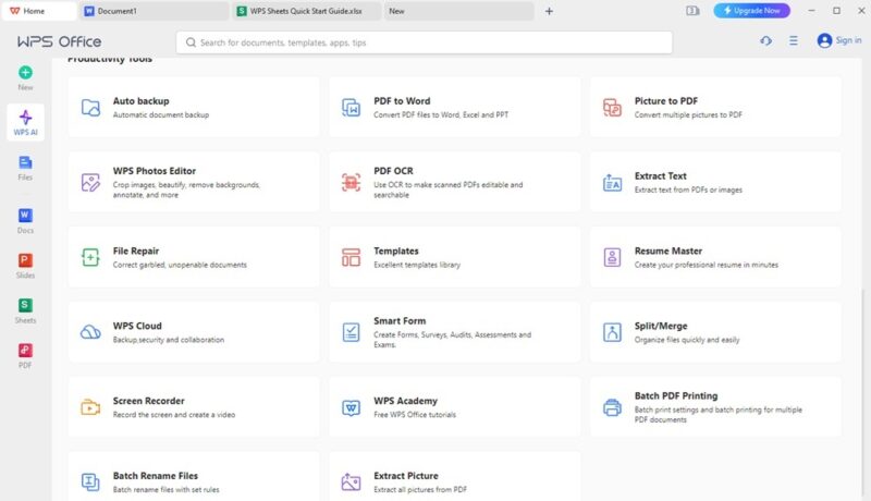 Home dashboard of the free Microsoft Office alternative WPS Office. 