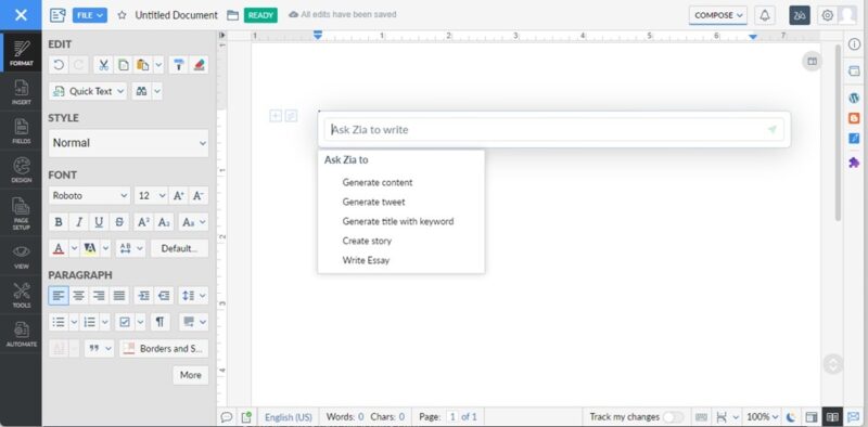 Using Zoho Office's AI assistant to create a document.
