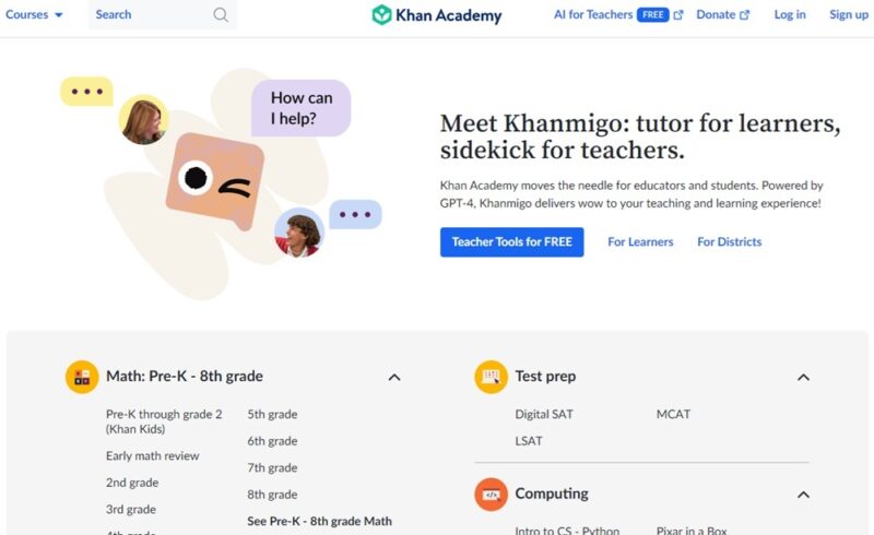 Choosing a subject on Khan Academy.