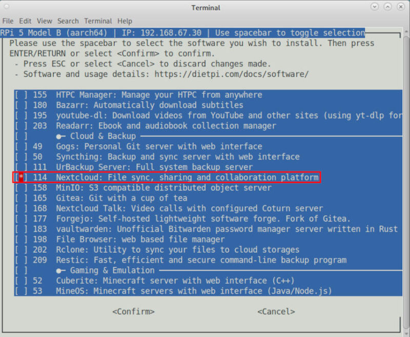A terminal highlighting the one-click option to setting up Nextcloud on DietPi.