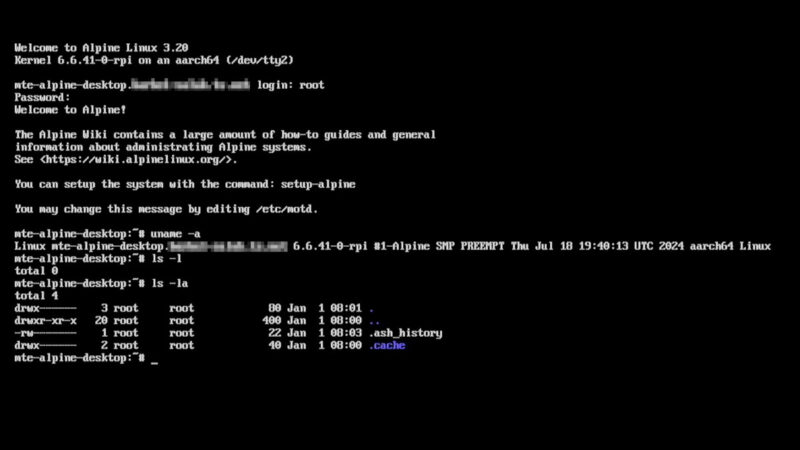 A terminal showing the Alpine Linux console running on the Raspberry Pi.