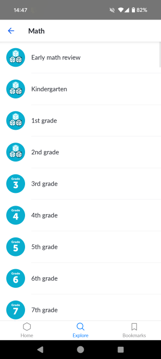 Selecting a grade in Math section in Khan Academy Android app.