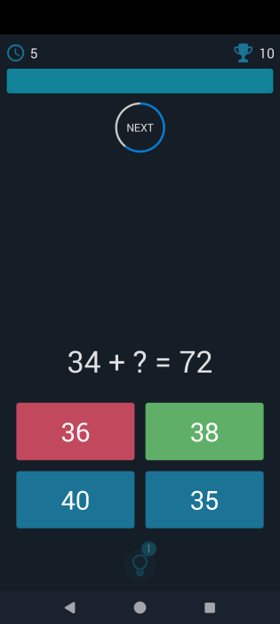 Exercise view in Math Games: Brain IQ Riddles on Android.