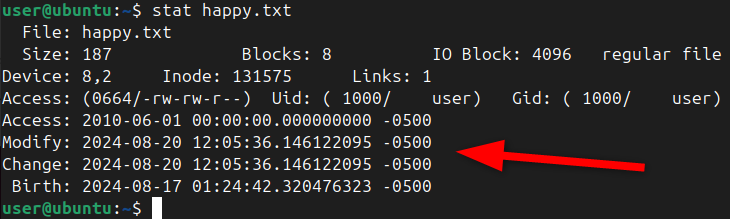 Displaying the modification time after changing it using the -m option.