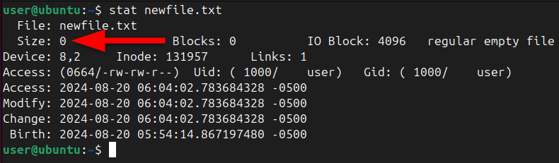 Checking the file size of the empty file using the stat command.
