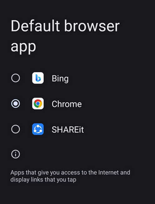 Choosing a default browser on Android in Settings