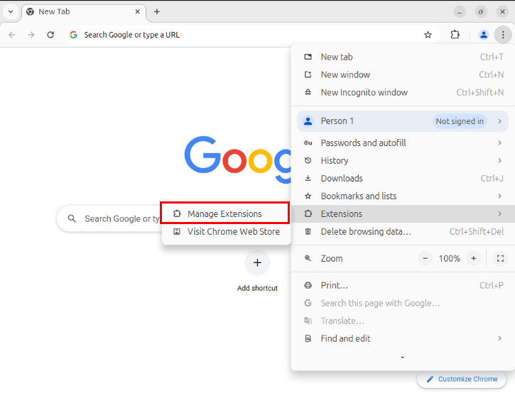 A screenshot highlighting the location of the "Manage Extensions" option under the "Extensions" context menu.