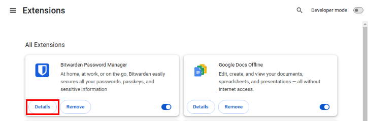 A screenshot highlighting the "Details" option of a Chrome Extension.