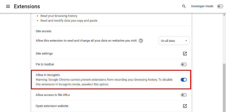 A screenshot showing the "Allow in Incognito" toggle switch to enable the extension to run in private mode.