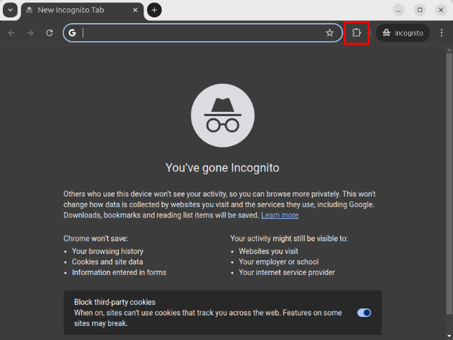 A screenshot showing the location of the plugins icon on the incognito session.