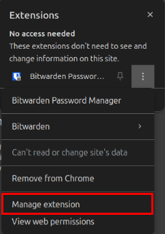 A screenshot highlighting the location of the "Manage Extension" in the three dots menu.