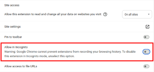 A screenshot showing the "Allow in Incognito" disable in the current session.