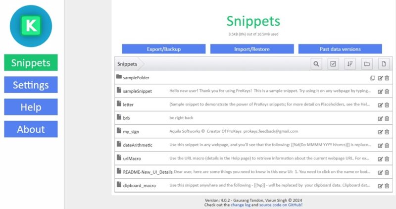 Samples of snippets created with ProKeys