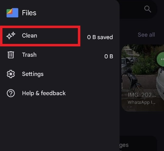 A step to Click on the Clean Option in Files By Google App.