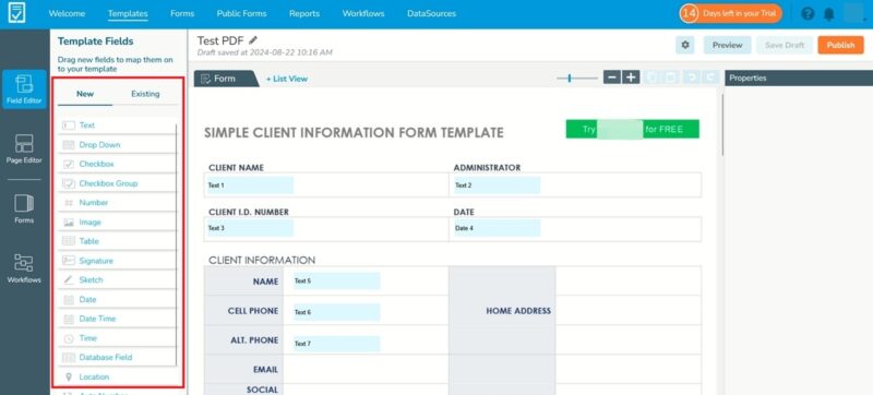 Adding editable fields to PDF in GoFormz tool online.