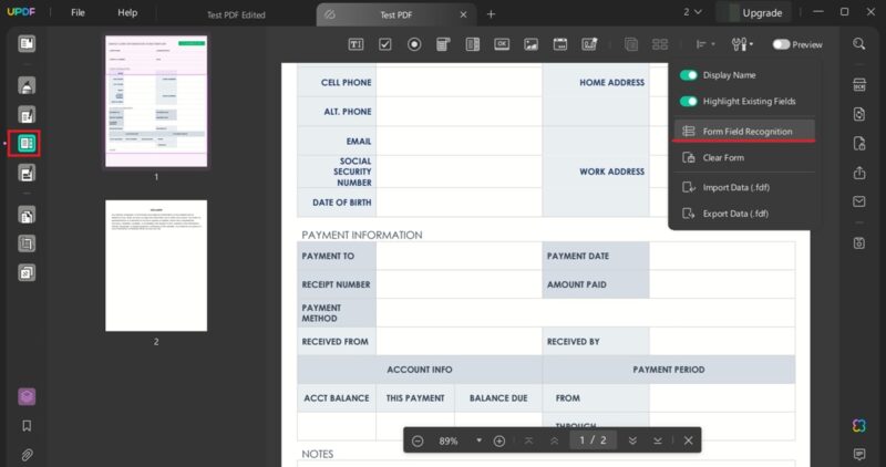 Selecting "Form Field Recognition" option in UPDF tool. 