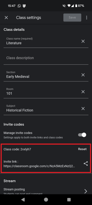Viewing class code and invite link in Google Classroom app for Android.