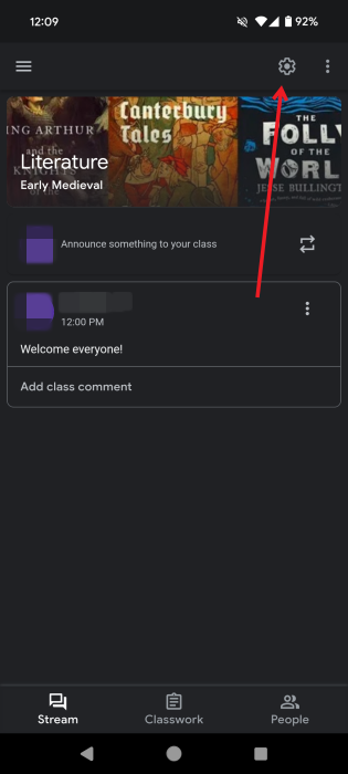 Clicking on gear button in Google Classroom app for Android.