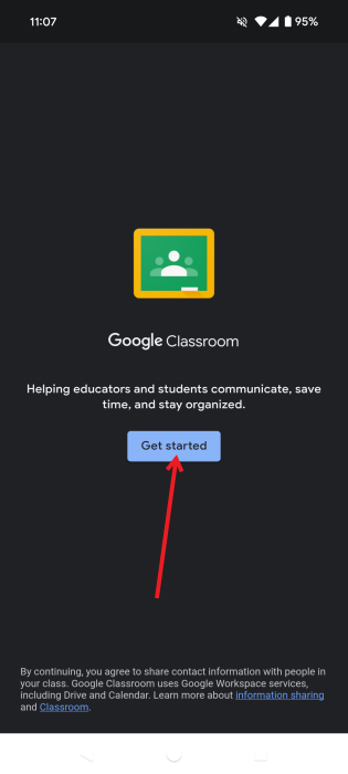 Tapping "Get started" button in Google Classroom Android app.